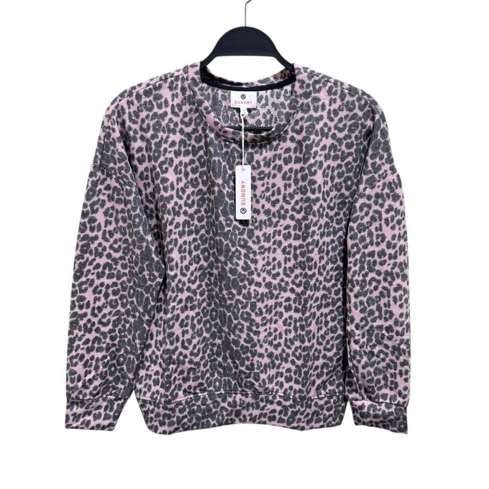 Sundry Women Size S Leopard Print Sweatshirt Pink Grey Crew Neck Long Sleeve NWT